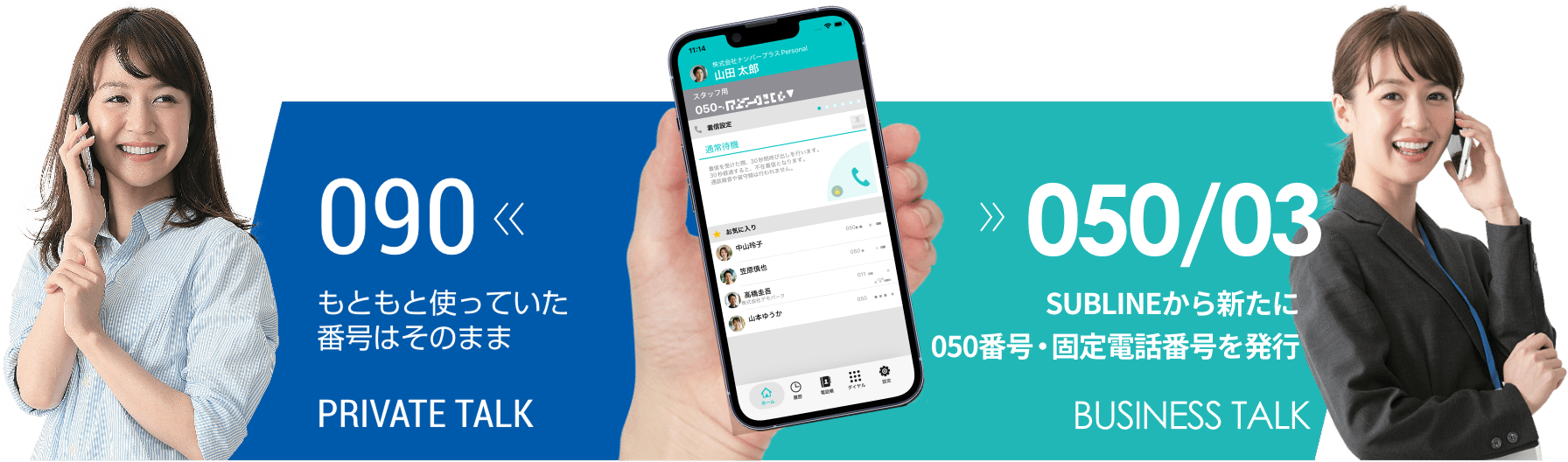 もともと使っていた090番号はプライベート用のまま、SUBLINEから新たに発行した050番号を仕事用として使い分けられる