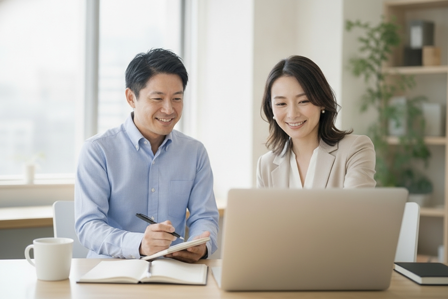 2人でパソコンの通話履歴を見ながら引き継ぎをする様子