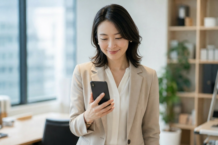 着信したスマホの画面で相手を確認し、安心して応答しようとする担当者